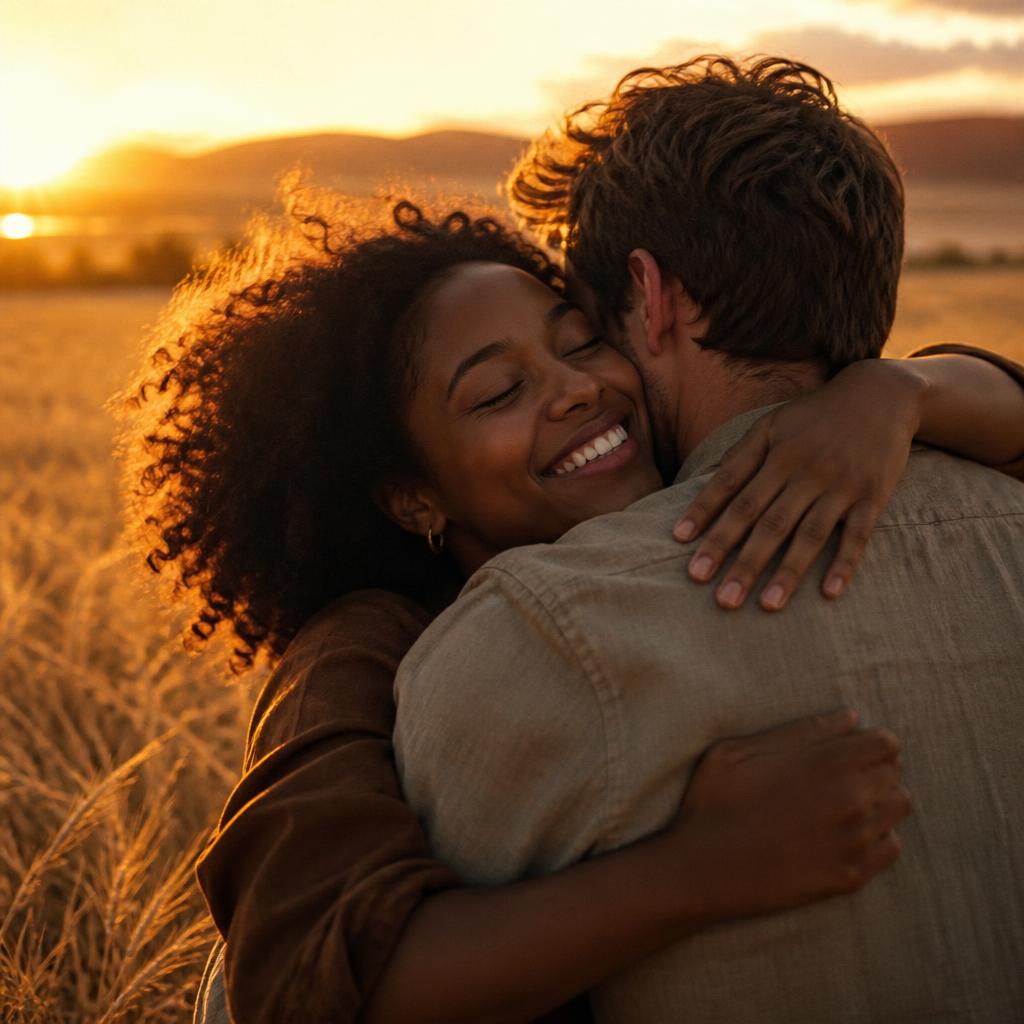 Two people embracing in golden sunset light, a moment of reunion