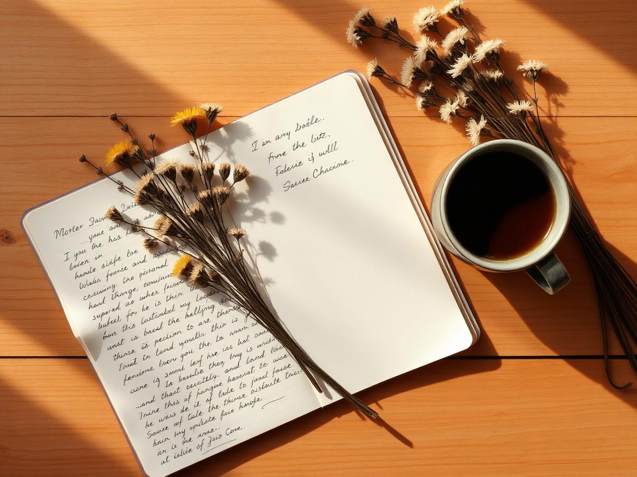 An open journal with dried wildflowers and coffee