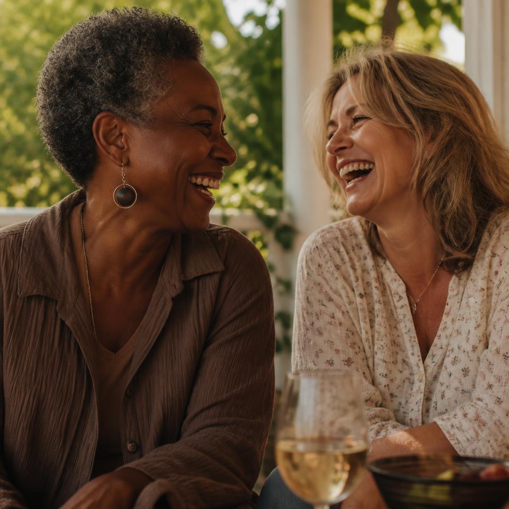 Two old friends laughing on a porch